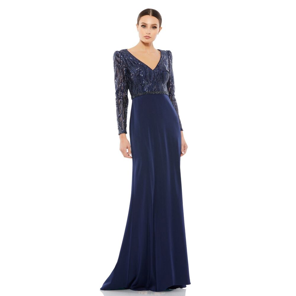 Mac Duggal Navy Blue Gown Women's Size 18 Embellished Long Sleeve Bodice Beaded